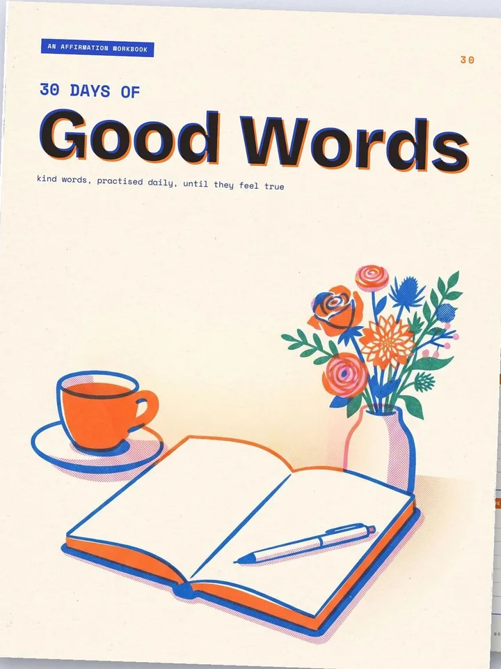 Cover of the 30-day affirmation workbook, retro risograph style