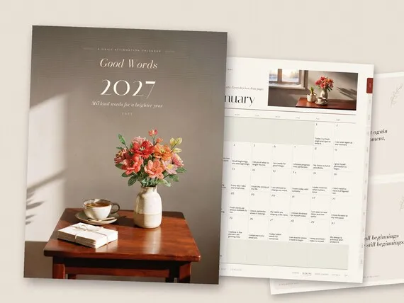 Cover and calendar pages of the 2027 affirmation calendar, golden hour style