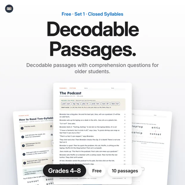 Cover of Decodable Passages: Closed Syllables, the free sample