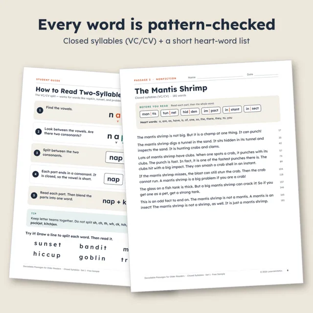 Sample pages from Decodable Passages: Closed Syllables